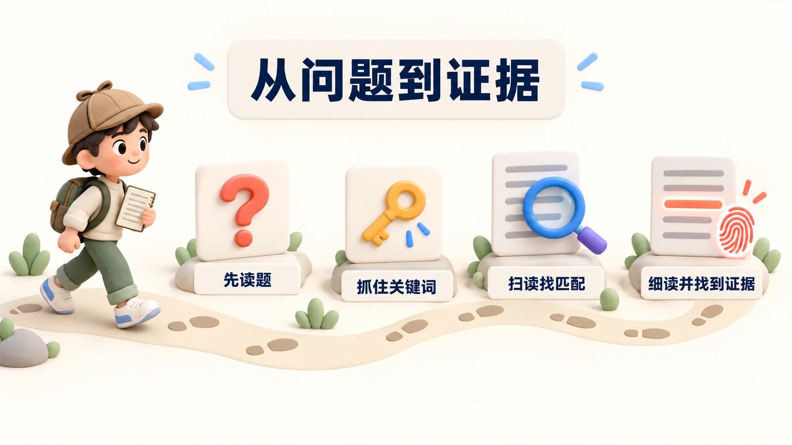 从问题到证据:先读题,抓住关键词,扫读找匹配,再细读并找到证据。