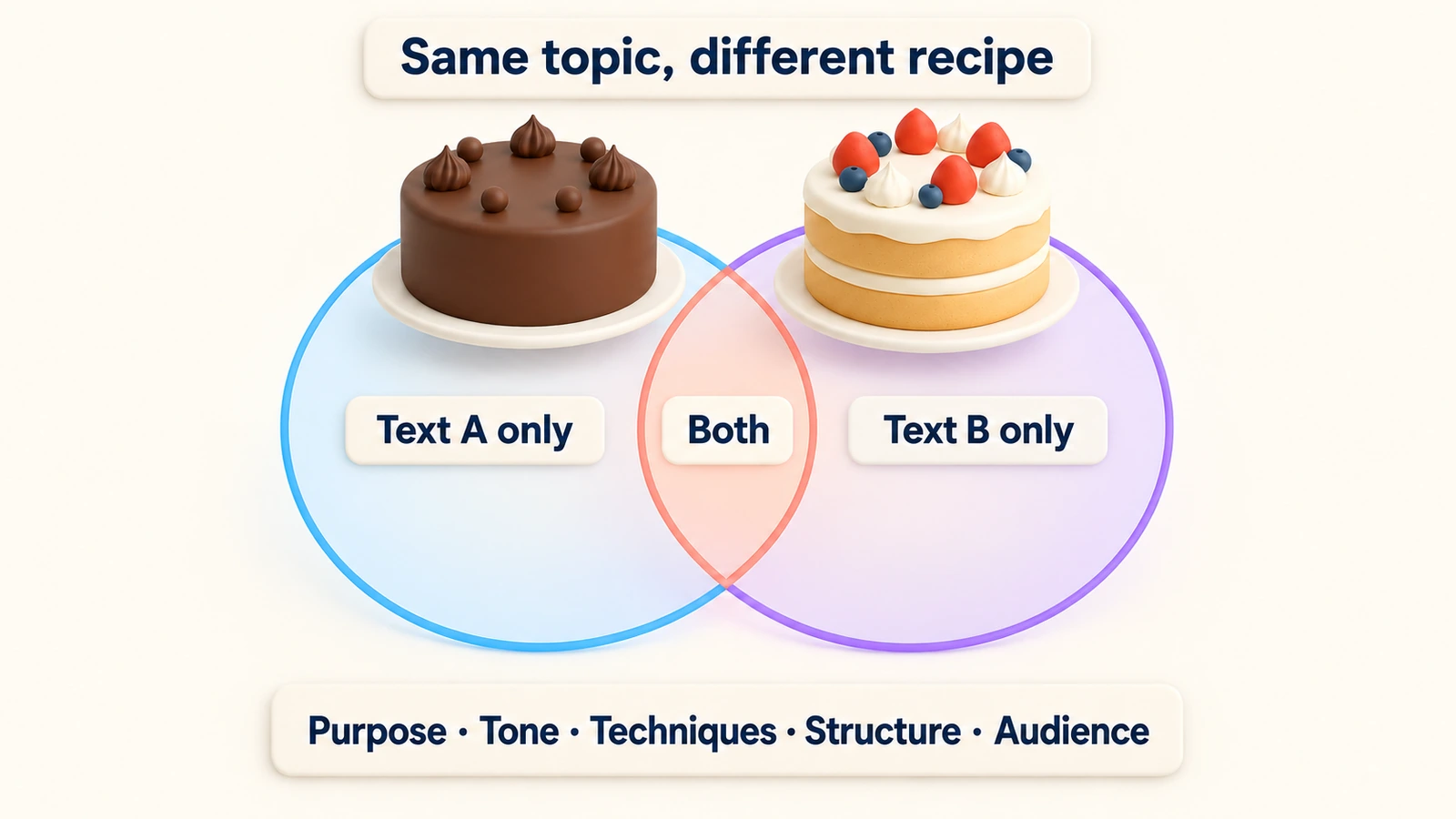A Venn diagram for two texts: text A only, text B only, both; compare purpose, tone, techniques, structure and audience.