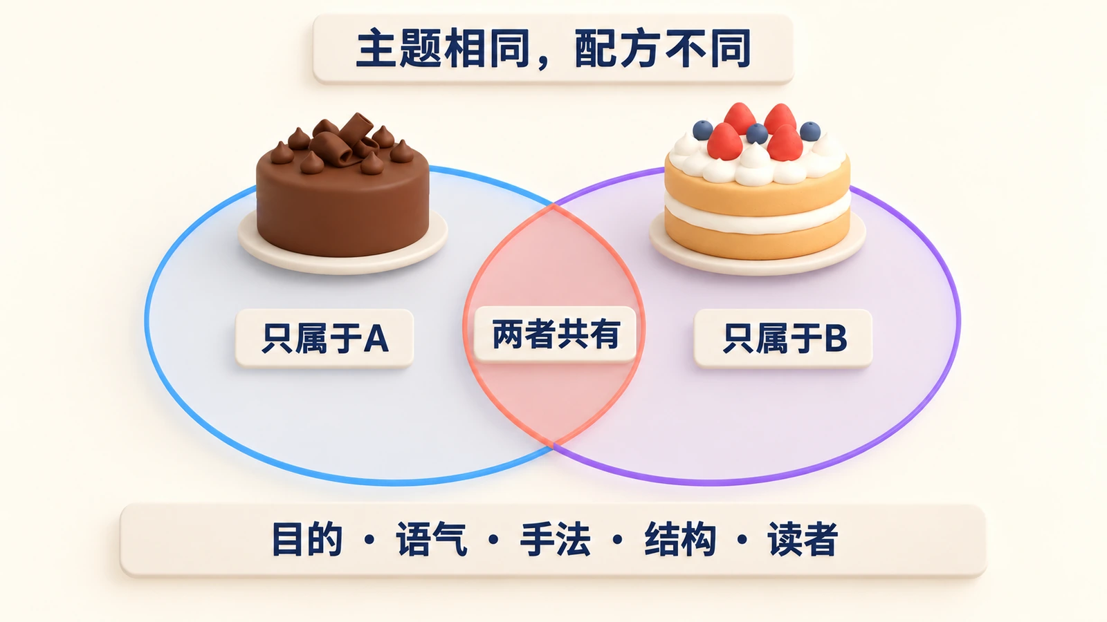 比较两篇文章的维恩图:只属于A、只属于B、两者共有;比较目的、语气、手法、结构和读者。