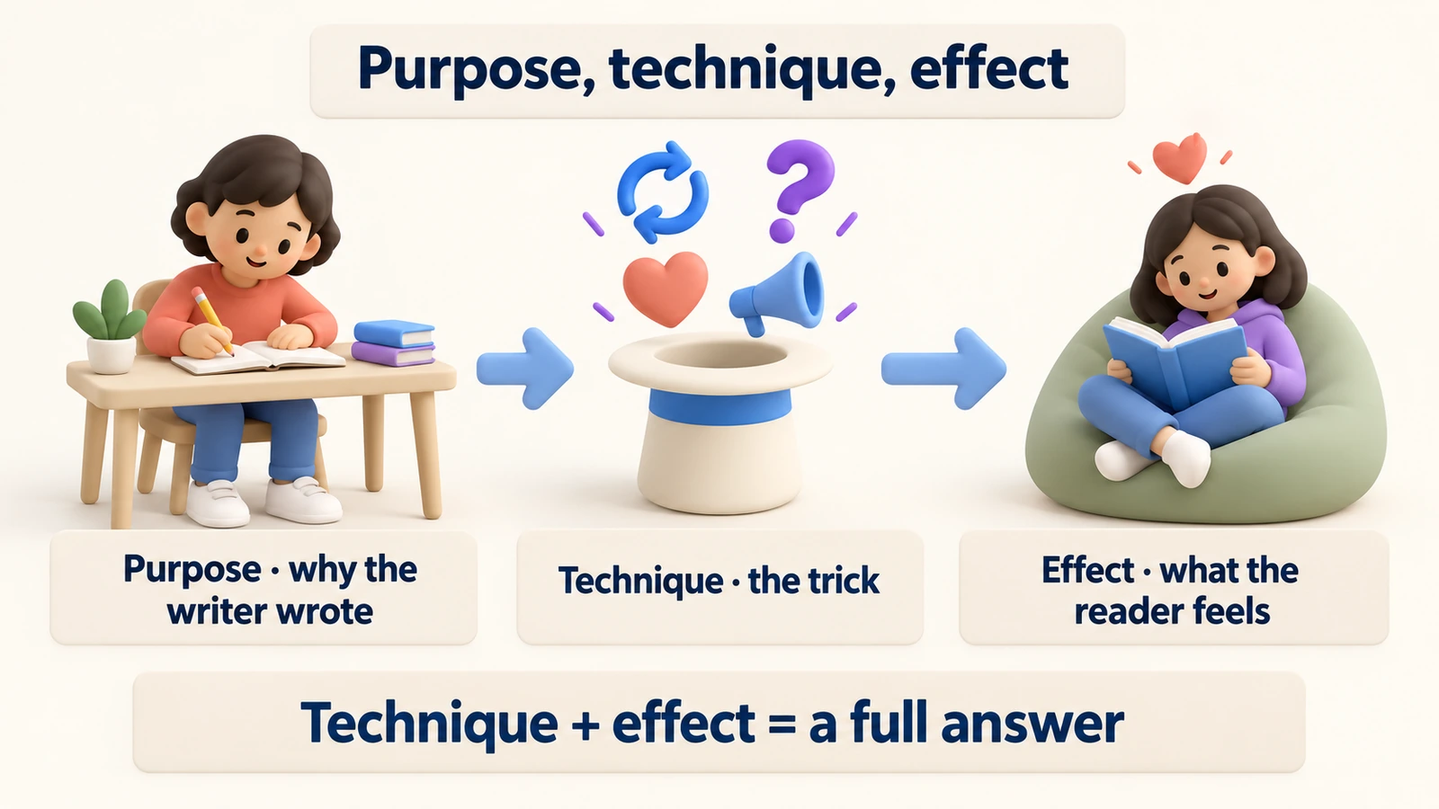 Purpose, technique, effect: why the writer wrote, the trick used, what the reader feels; technique plus effect is a full answer.