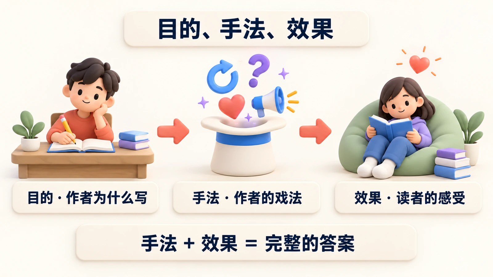 目的、手法、效果:作者为什么写、用了什么手法、读者有什么感受;手法加效果才是完整的答案。
