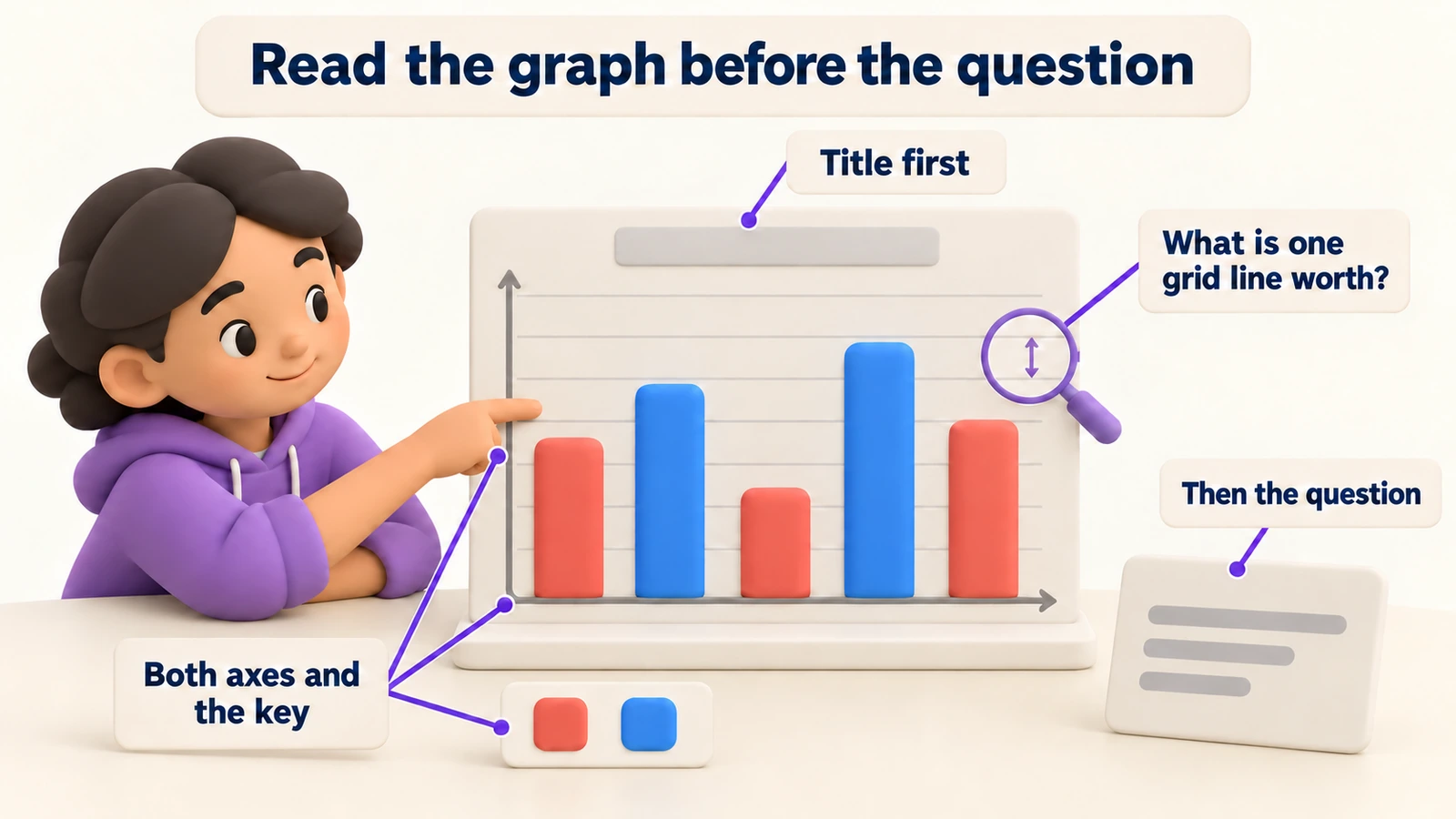 Read the graph before the question: the title first, both axes and the key, what one grid line is worth, then the question.