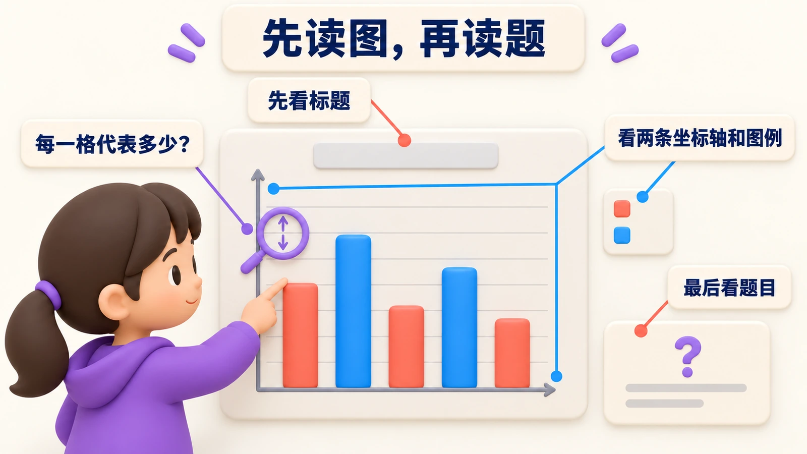 先读图,再读题:先看标题,再看两条坐标轴和图例,弄清每一格代表多少,最后看题目。