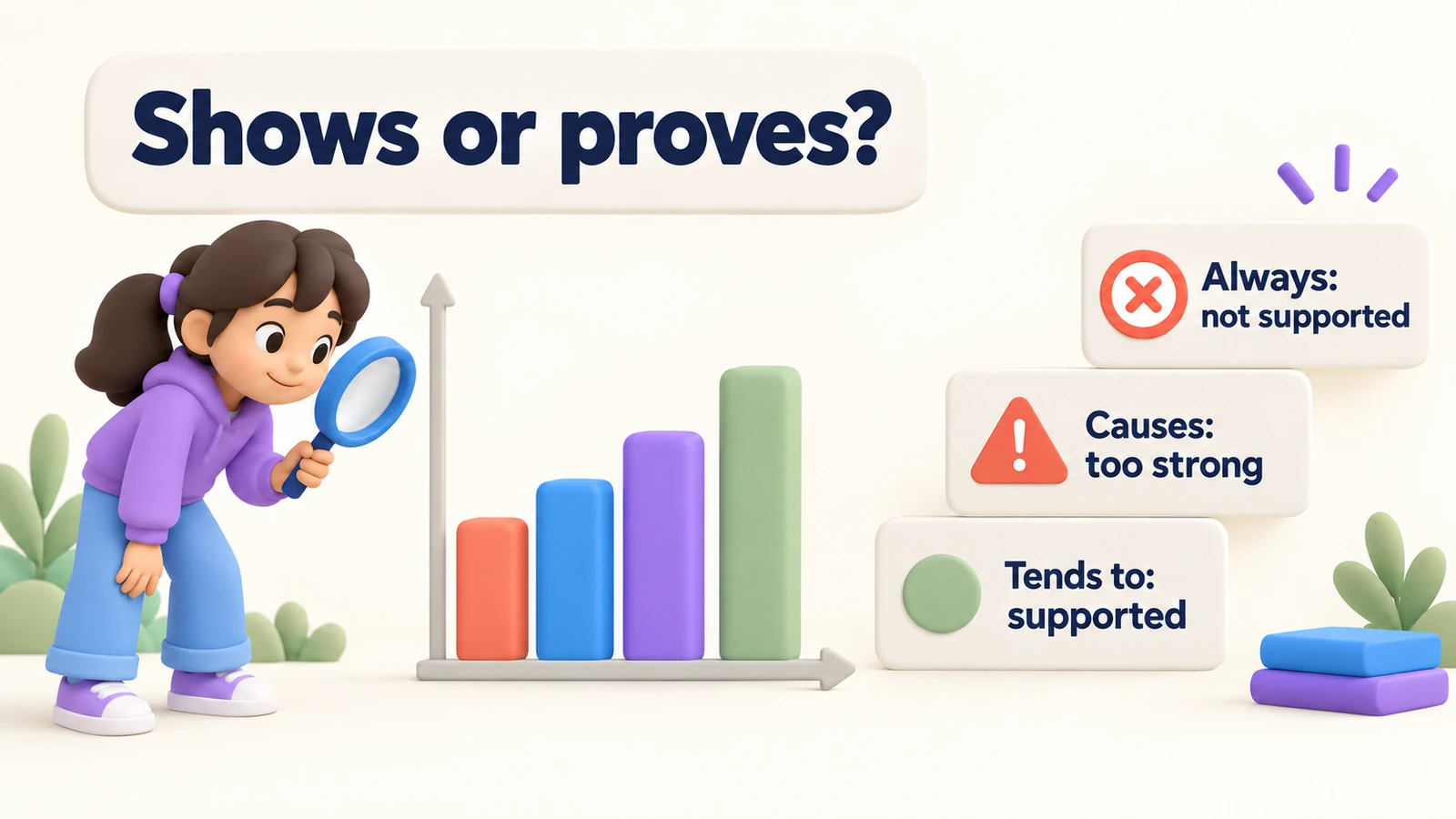 Shows or proves? A rising bar chart. Tends to: supported. Causes: too strong. Always: not supported.