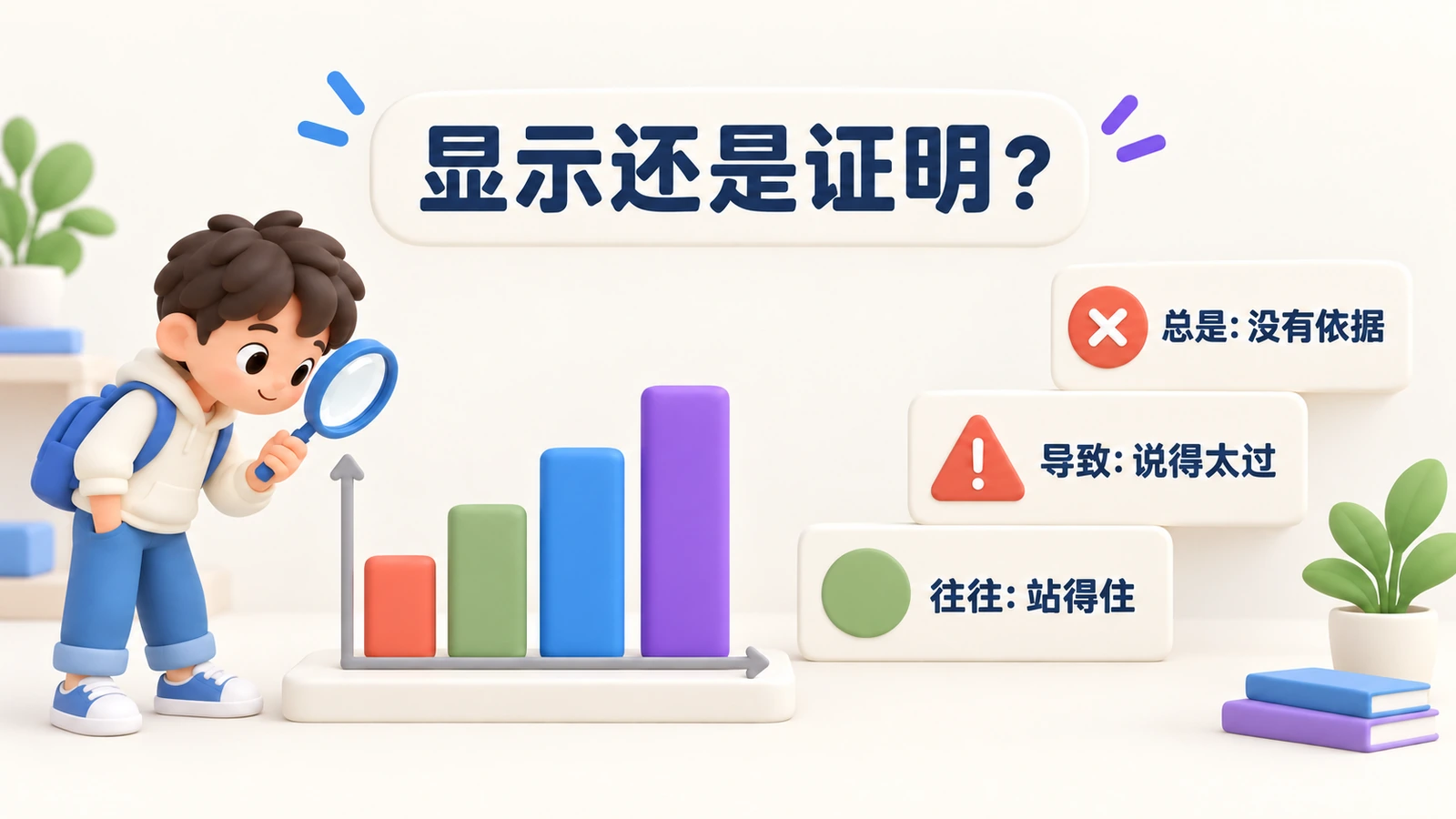 显示还是证明？一张逐渐升高的柱状图。往往：站得住。导致：说得太过。总是：没有依据。