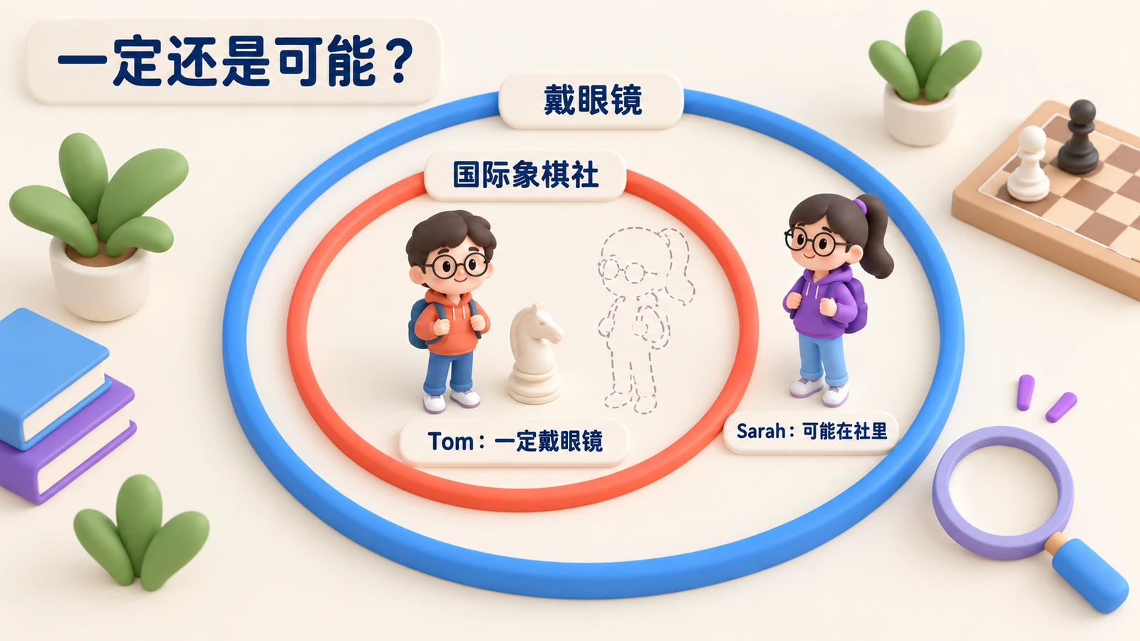 一定还是可能?国际象棋社的圆在戴眼镜的圆里面。Tom:一定戴眼镜。Sarah:可能在社里。