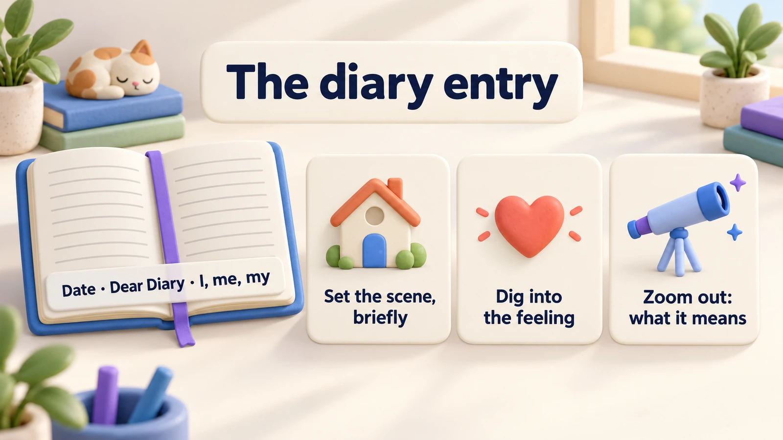 The diary entry: date, Dear Diary and first person, then set the scene briefly, dig into the feeling, and zoom out to what it means.