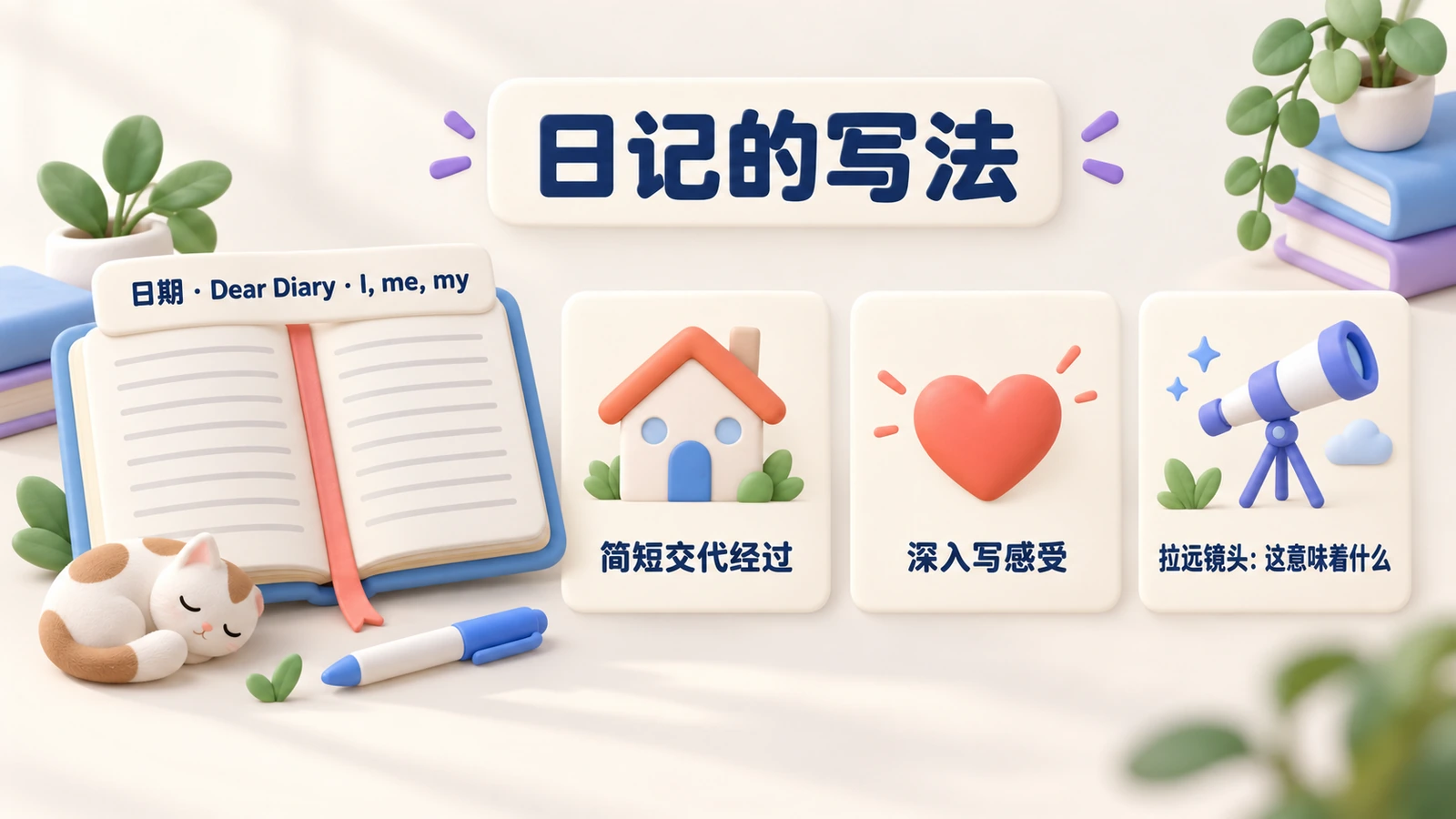日记的写法:日期、Dear Diary和第一人称,然后简短交代经过,深入写感受,最后拉远镜头写这意味着什么。