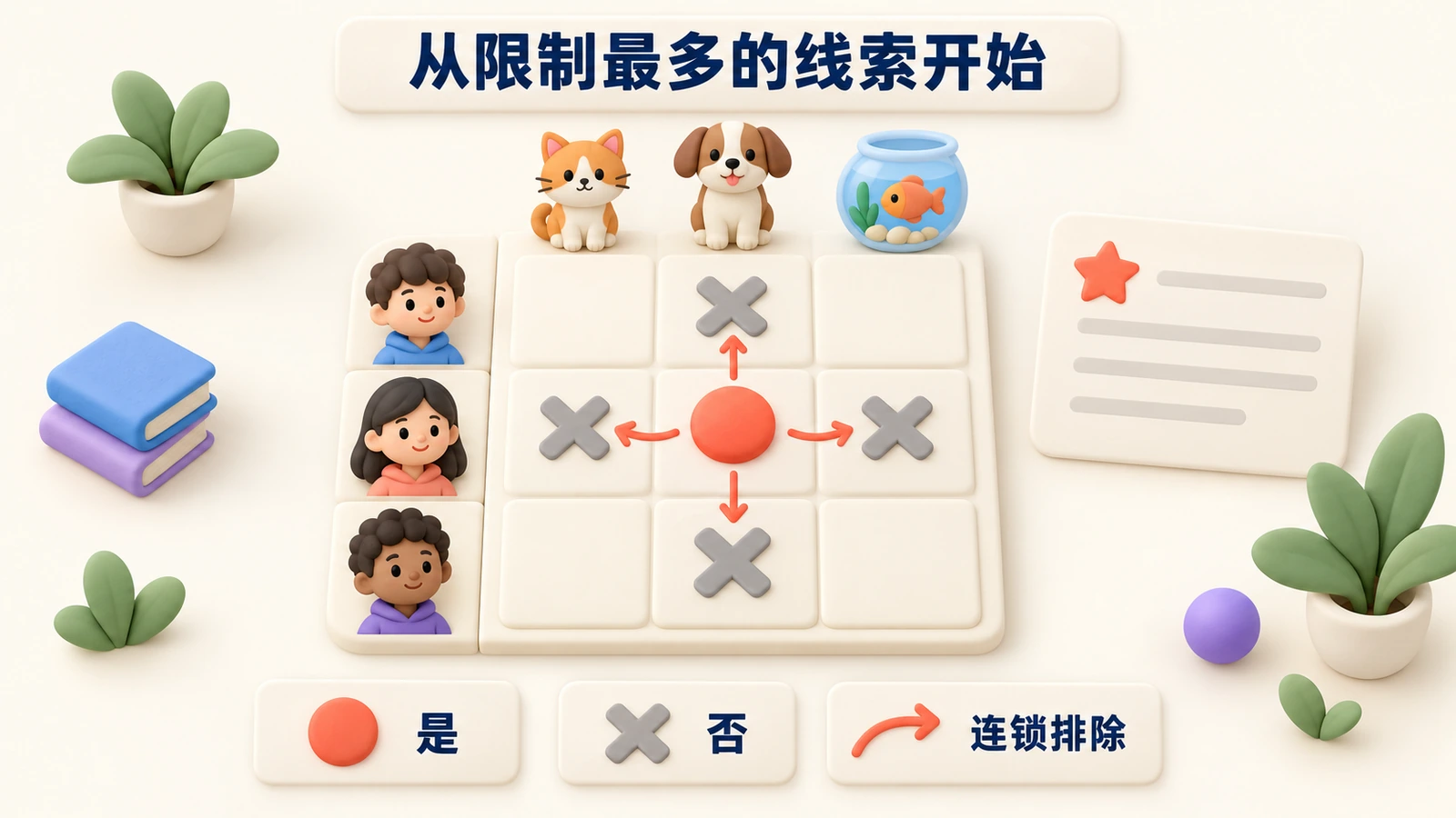 从限制最多的线索开始:表格里确定一个“是”,同一行和同一列就都打上“否”,形成连锁排除。