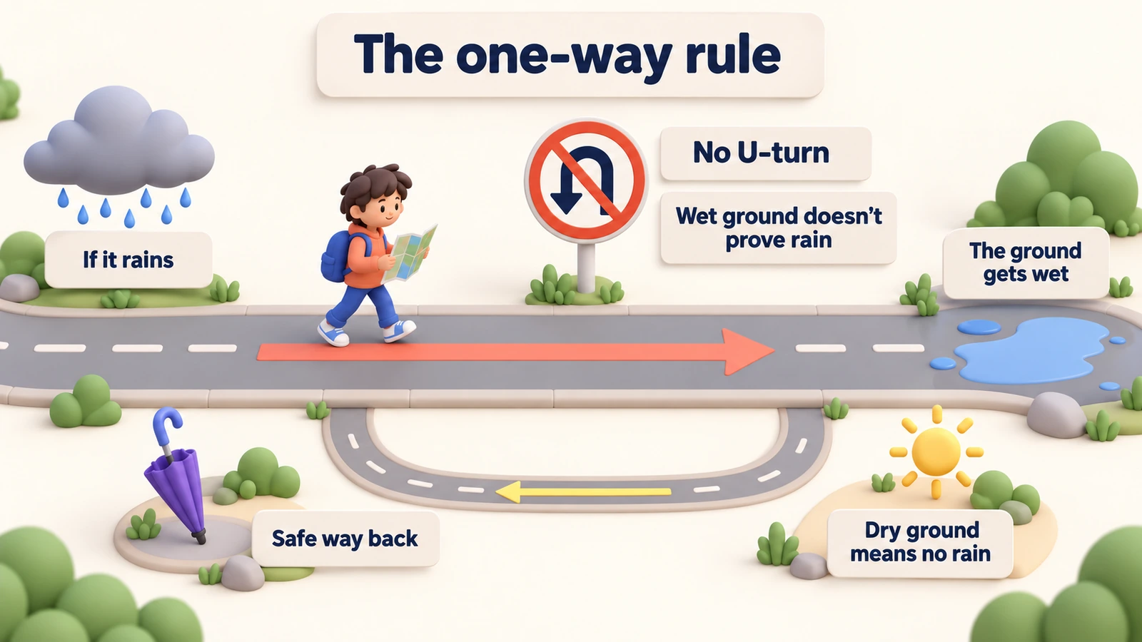 The one-way rule: if it rains, the ground gets wet. No U-turn: wet ground doesn't prove rain. Safe way back: dry ground means no rain.