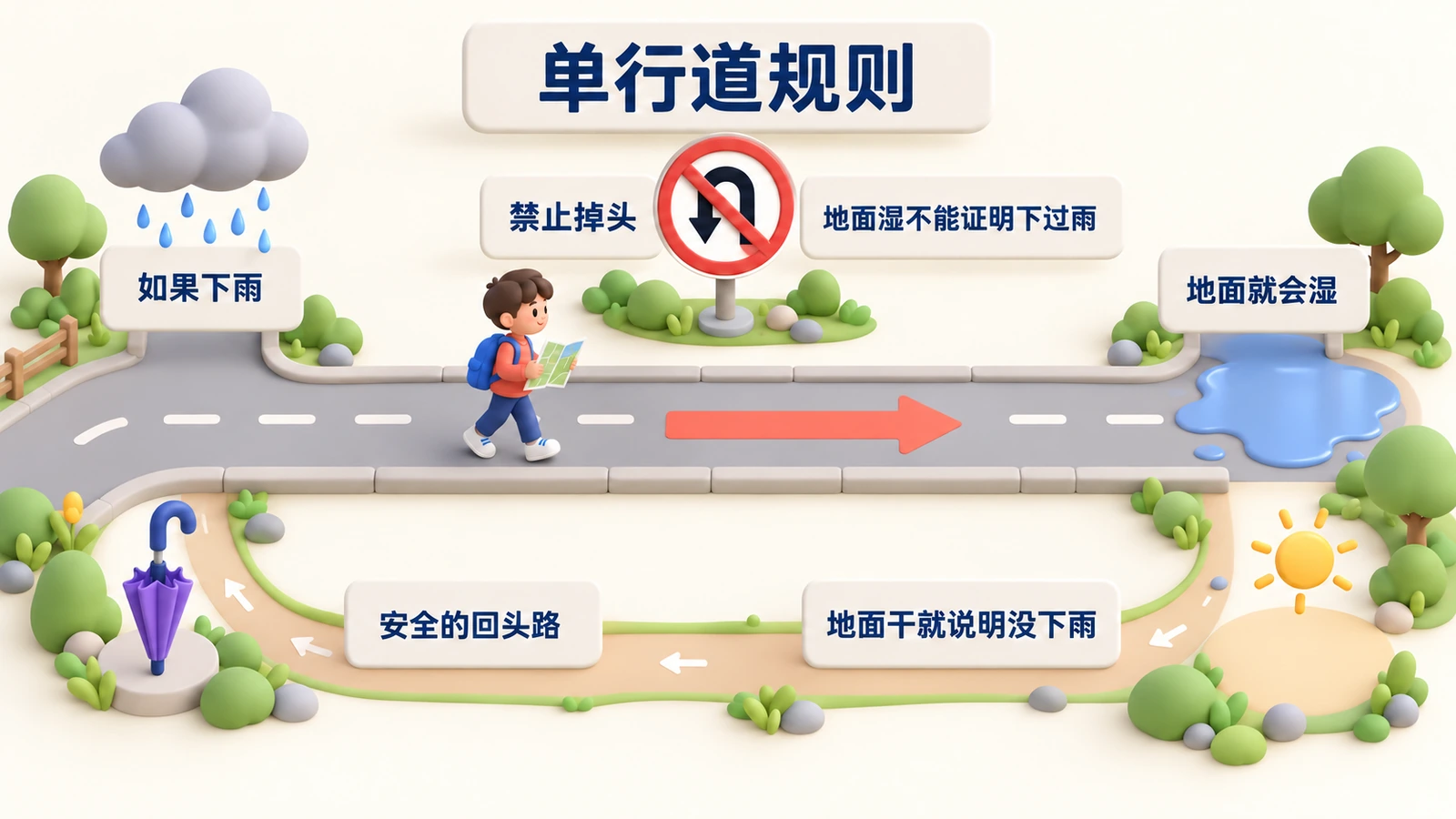 单行道规则：如果下雨，地面就会湿。禁止掉头：地面湿不能证明下过雨。安全的回头路：地面干就说明没下雨。