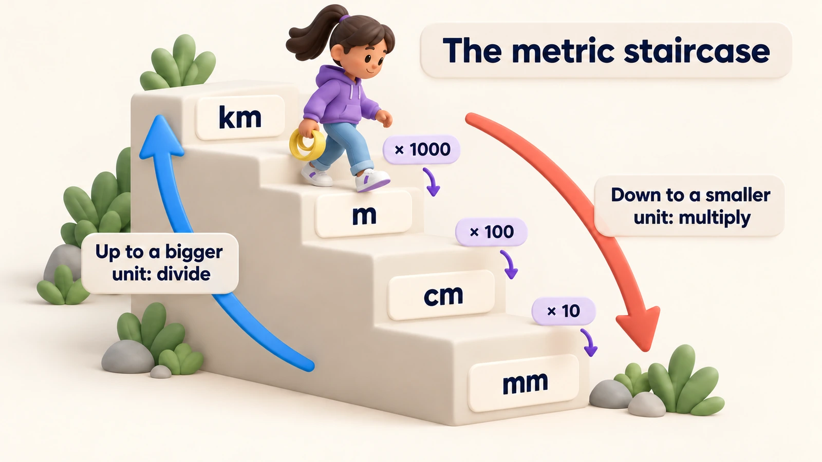 The metric staircase: km to m is × 1000, m to cm × 100, cm to mm × 10. Down to a smaller unit multiply, up divide.