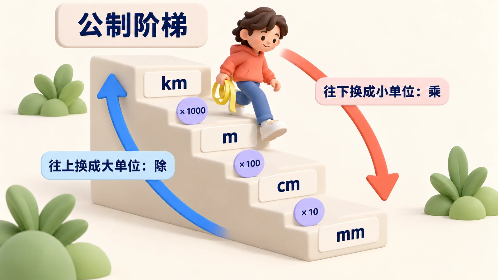 公制阶梯:千米到米乘1000,米到厘米乘100,厘米到毫米乘10。往下换成小单位用乘法,往上用除法。
