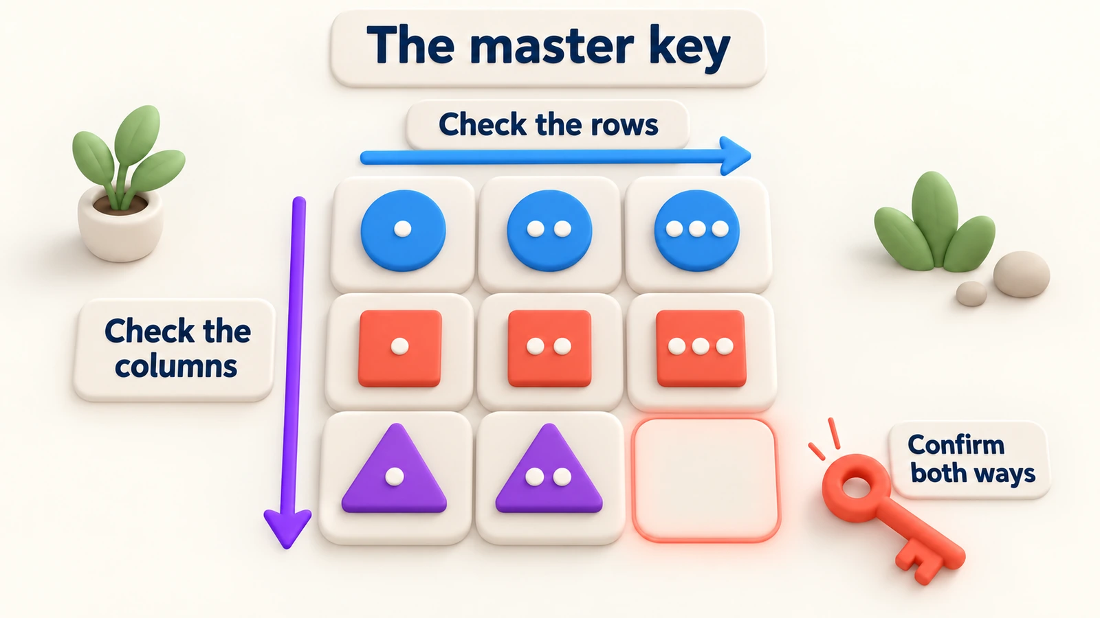 The master key: check the rows, check the columns, then confirm the rule works both ways before filling the empty box.