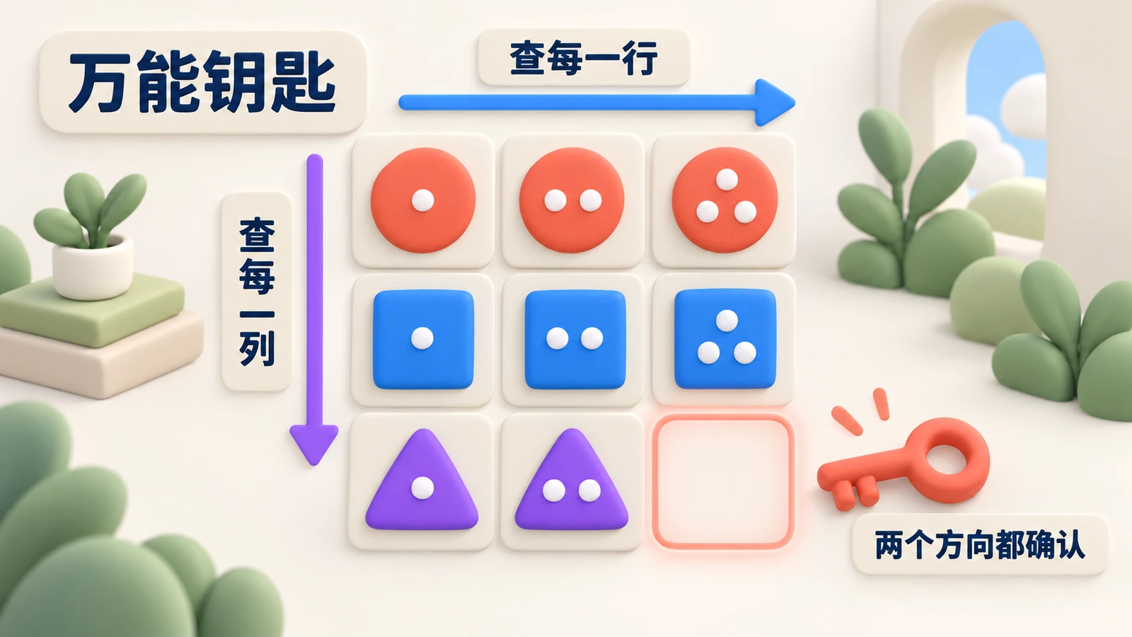 万能钥匙：先查每一行，再查每一列，确认规律两个方向都成立，再填空格。