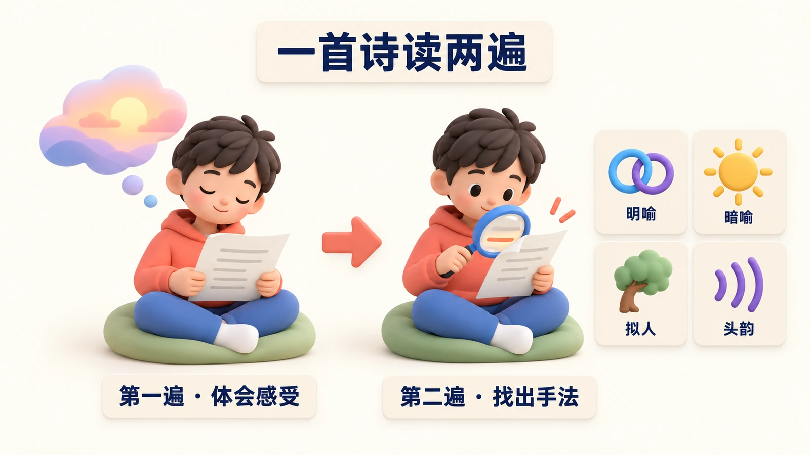 一首诗读两遍：第一遍体会感受，第二遍找出手法：明喻、暗喻、拟人和头韵。