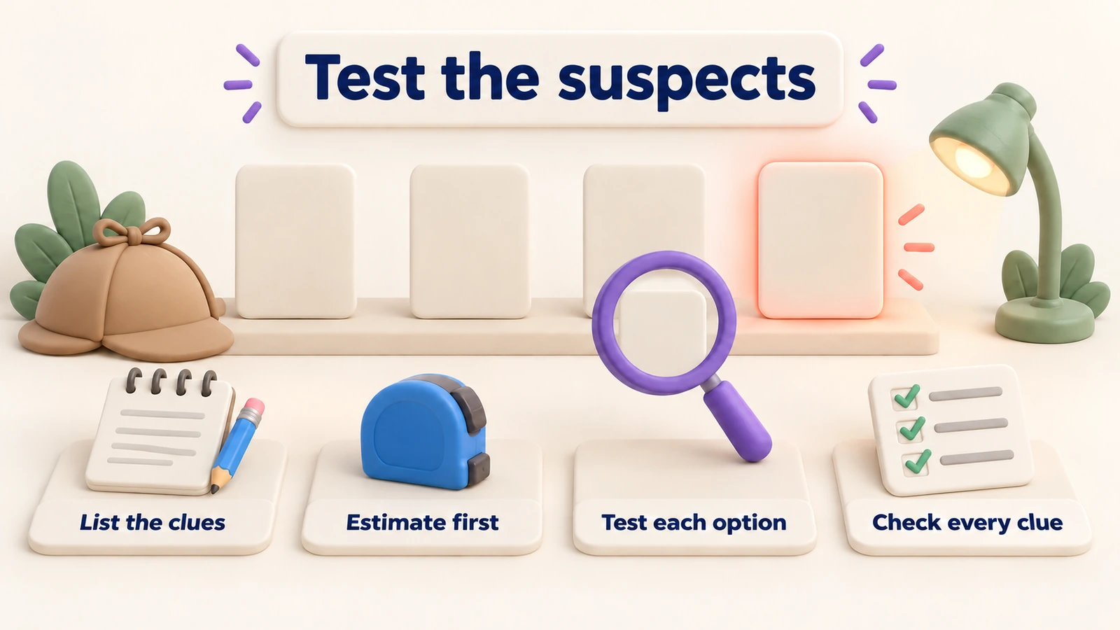 Test the suspects: list the clues, estimate first, test each answer option, then check it against every clue.