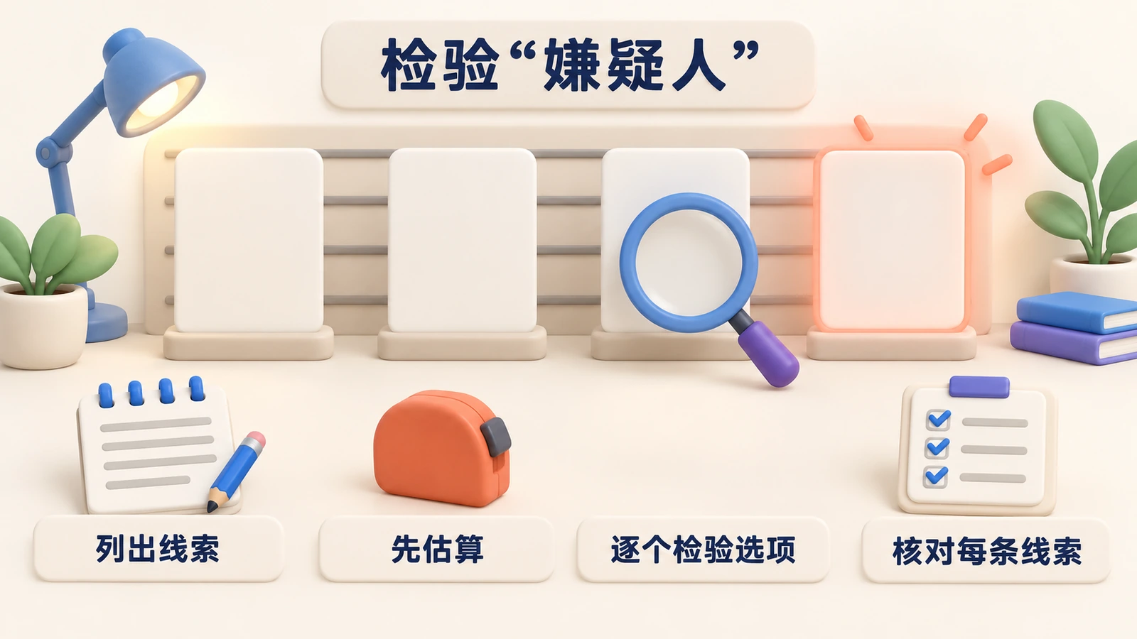 检验“嫌疑人”:列出线索,先估算,逐个检验选项,再用每条线索核对。