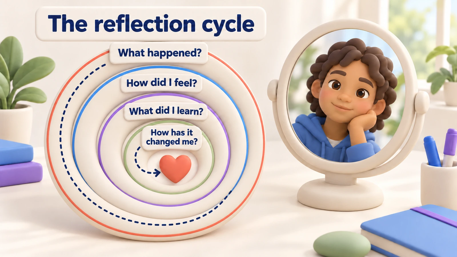 The reflection cycle moving inward: what happened, how I felt, what I learnt, how it has changed me.