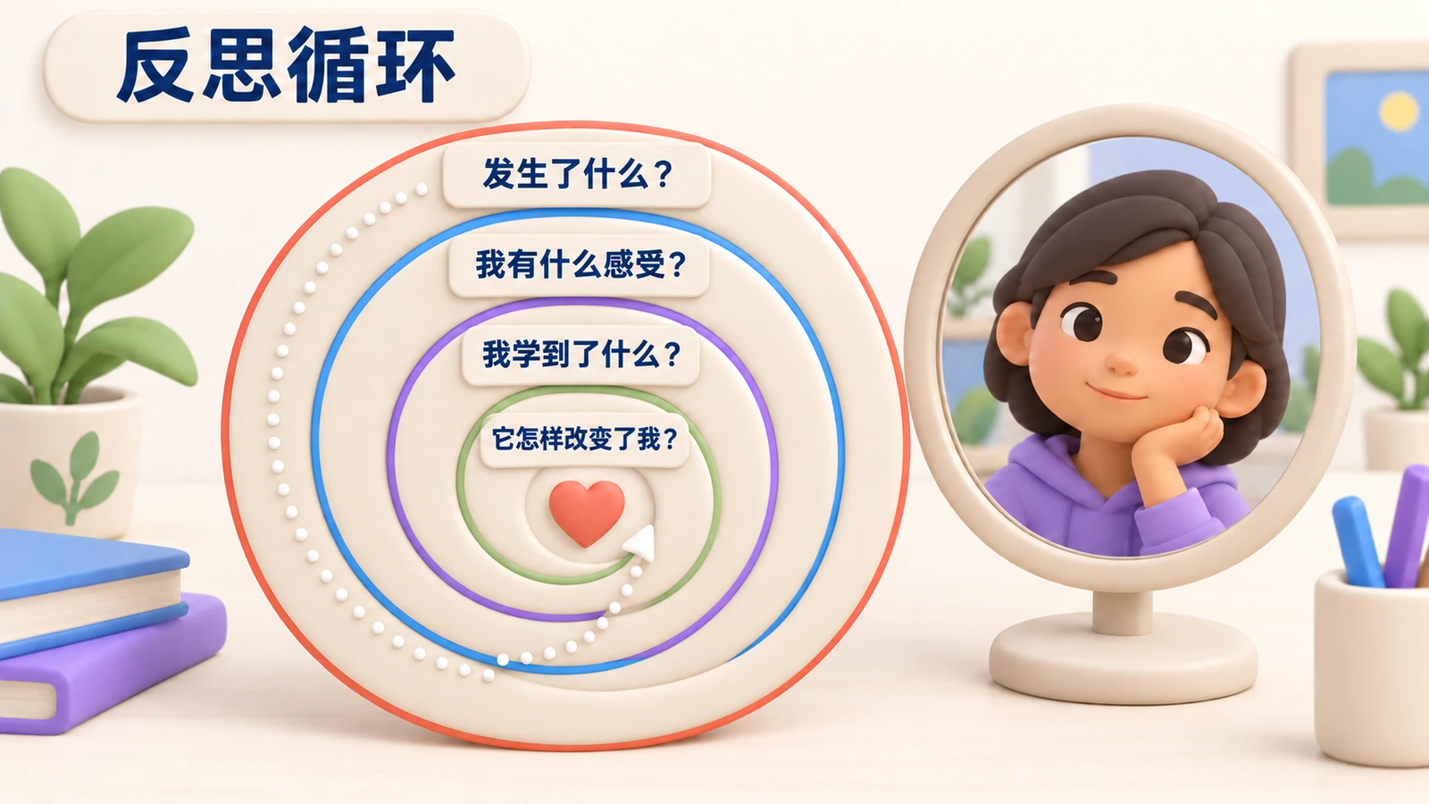 由外向内的反思循环:发生了什么、我有什么感受、我学到了什么、它怎样改变了我。