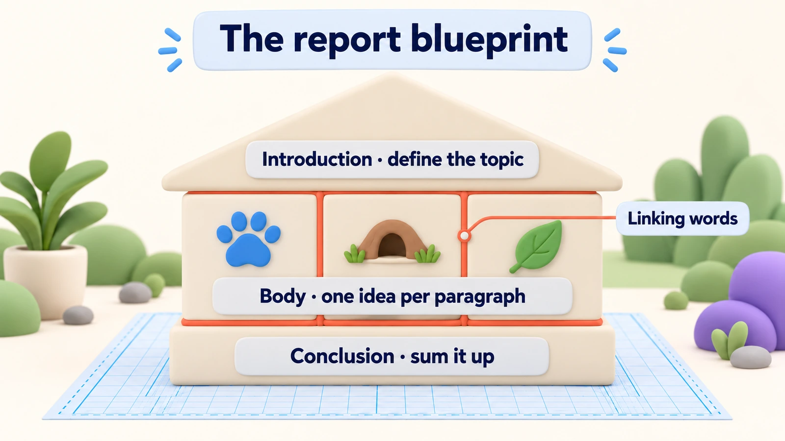 The report blueprint as a house: introduction on top, one idea per body paragraph, a summing-up conclusion, linking words as mortar.