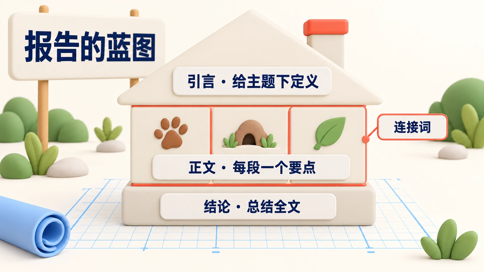 把报告结构画成房子:屋顶是引言,每块墙是一个要点段落,地基是总结,连接词是灰浆。