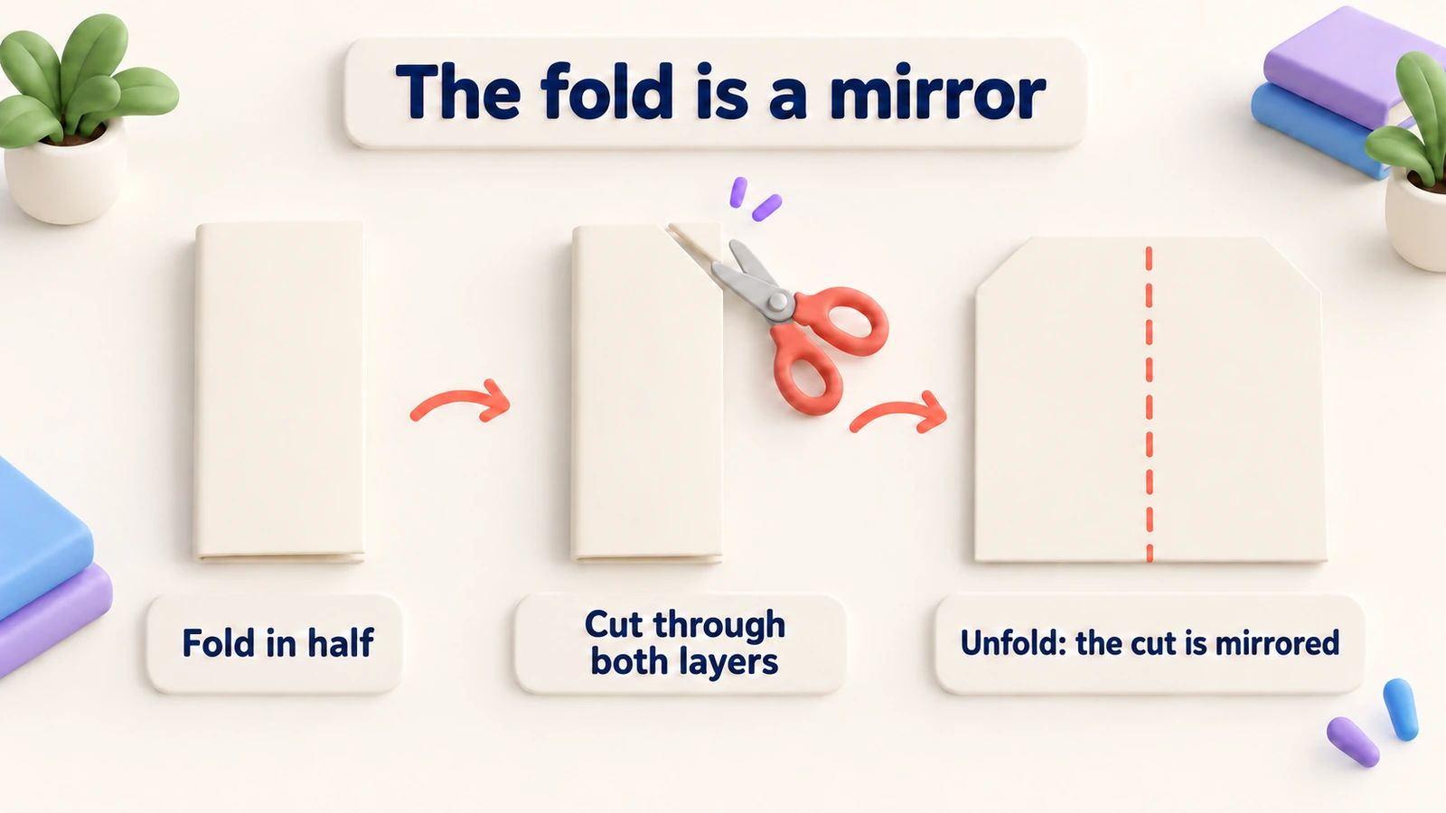 The fold is a mirror: fold a square in half, cut through both layers, and unfold to see the cut mirrored.