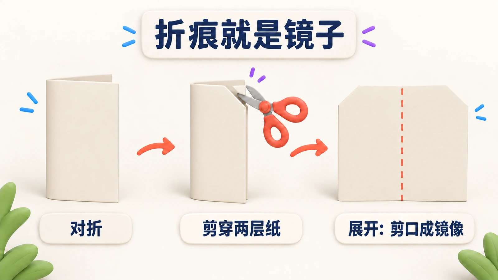 折痕就是镜子:把正方形纸对折,剪穿两层纸,展开后剪口成镜像。