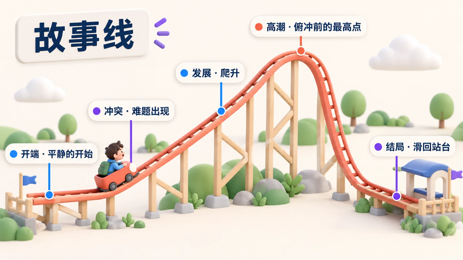 把故事线画成过山车:开端、冲突、发展、最高点的高潮,最后在站台结局。