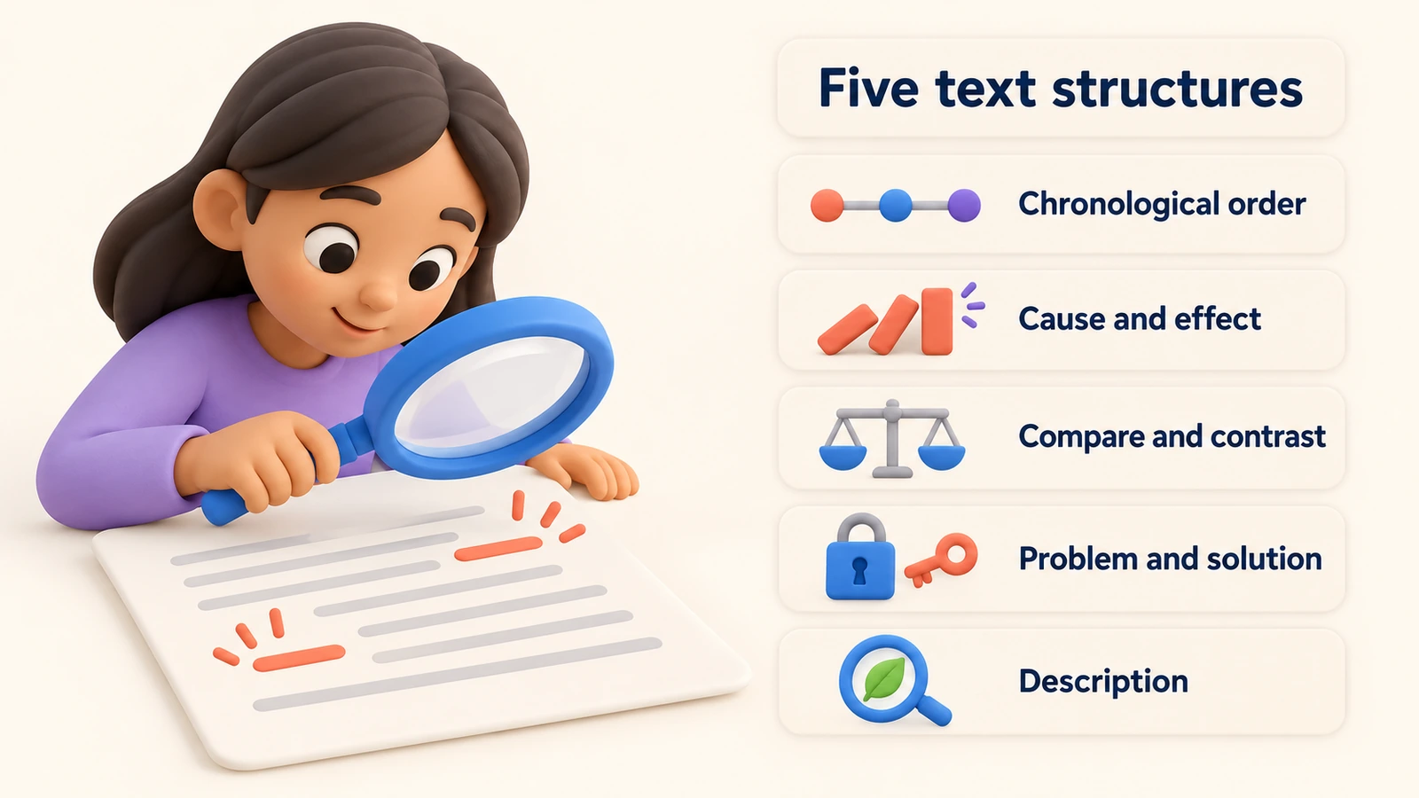 Five text structures: chronological order, cause and effect, compare and contrast, problem and solution, description.