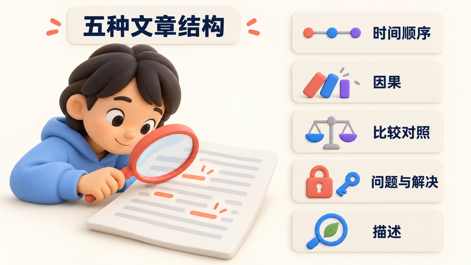 五种文章结构:时间顺序、因果、比较对照、问题与解决、描述。