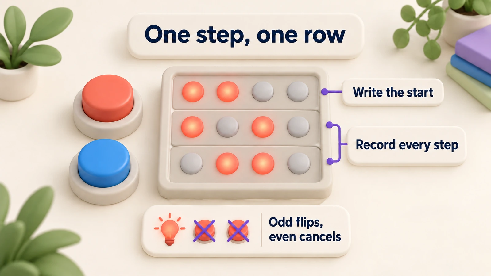One step, one row: write the start, record the lights after every press; odd presses flip a light, even presses cancel.