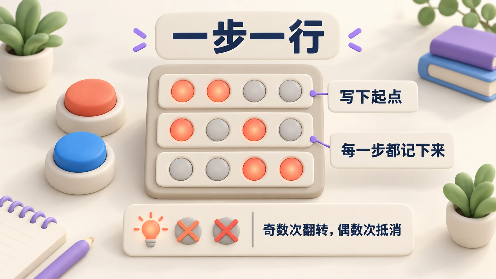 一步一行:写下起点,每按一次都记下灯的状态;按奇数次会翻转,按偶数次会抵消。