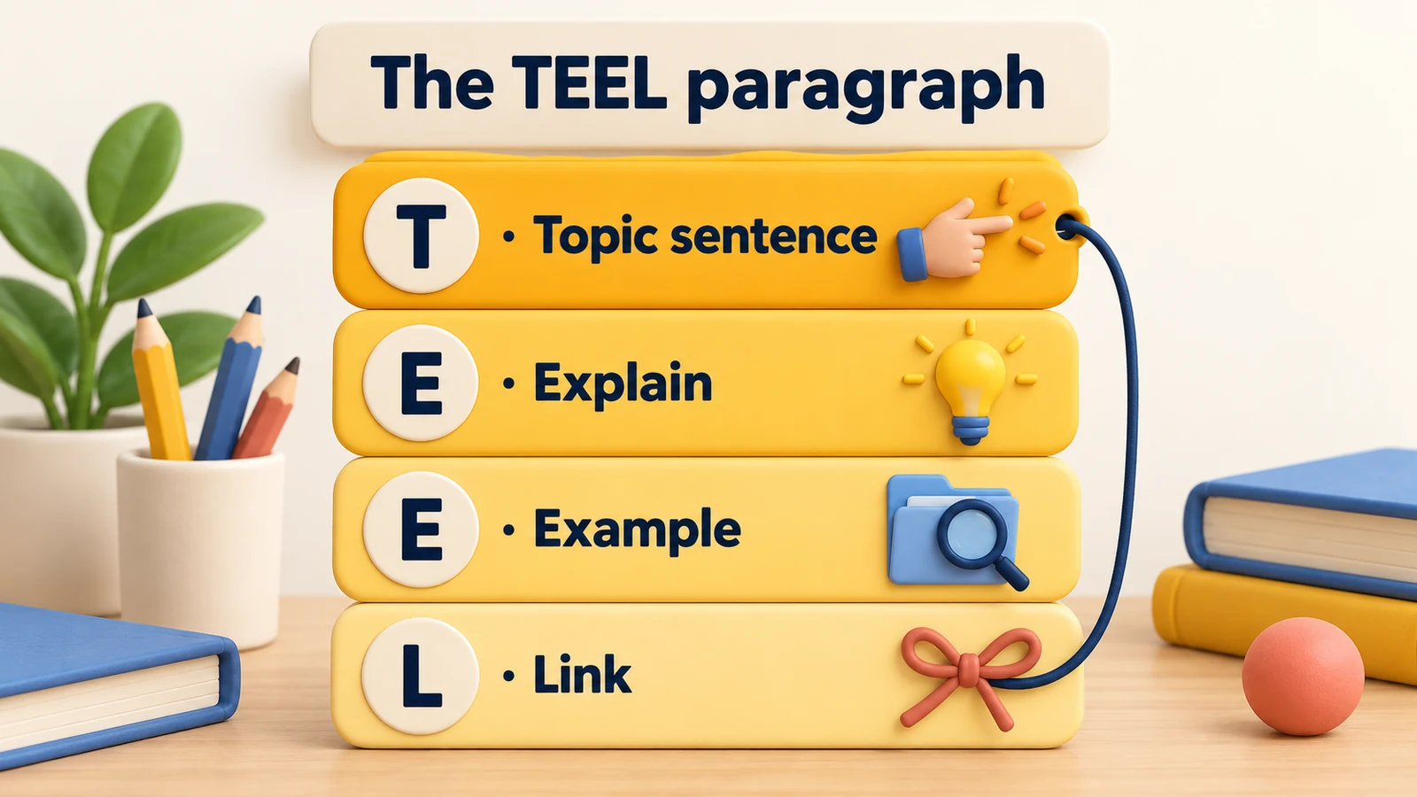The TEEL paragraph: a topic sentence, then explain, then an example, then a link back to the point.