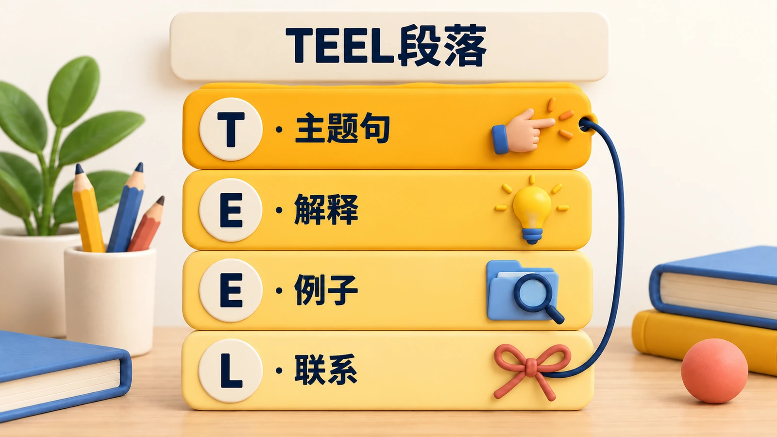 TEEL段落结构：主题句、解释、例子，最后联系回观点。