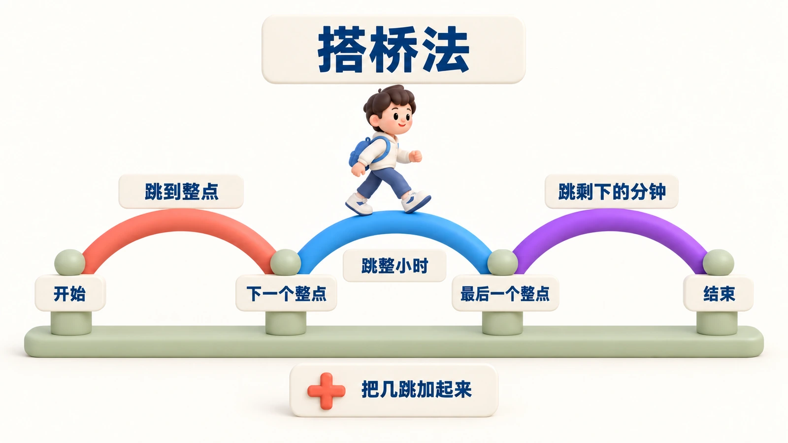 搭桥法:从开始时间跳到下一个整点,再跳整小时,再跳剩下的分钟到结束时间,最后把几跳加起来。