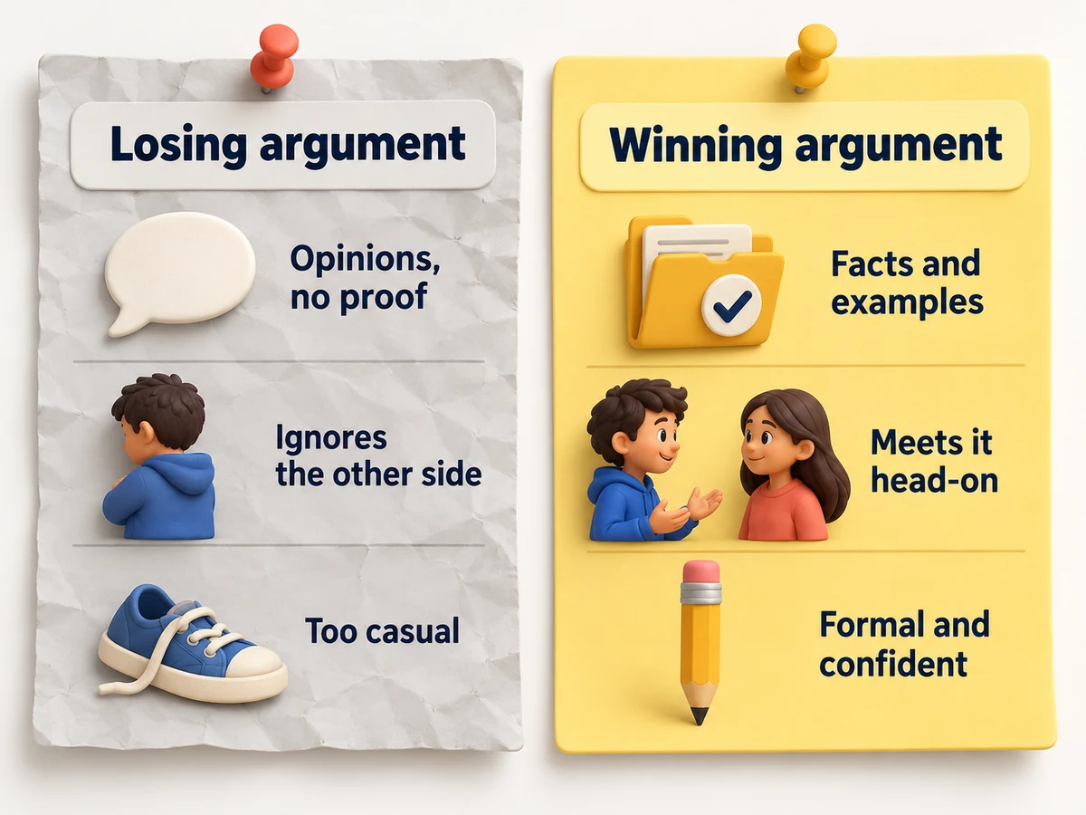 Losing versus winning arguments: proof beats opinion, meet the other side, and stay formal.