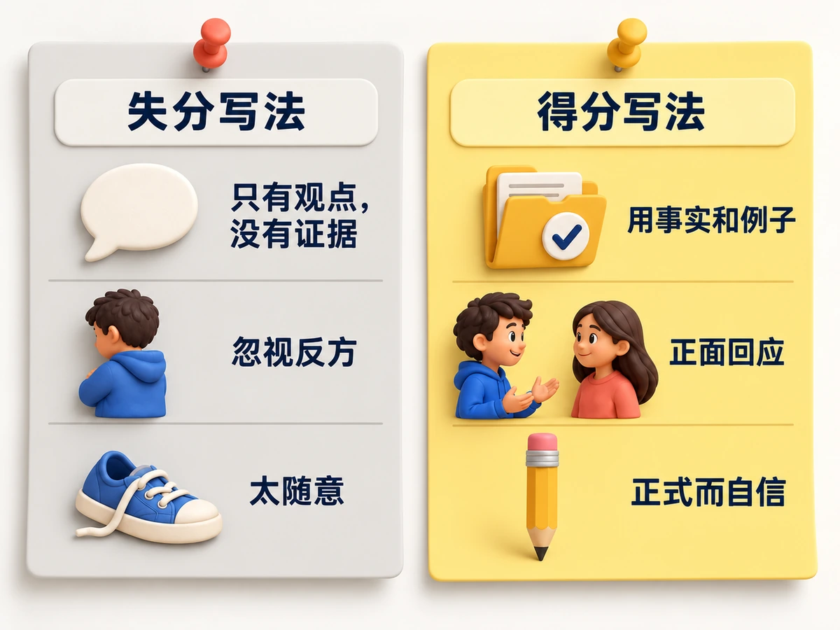 失分与得分的论证对比：用证据代替空谈、正面回应反方、语气正式。
