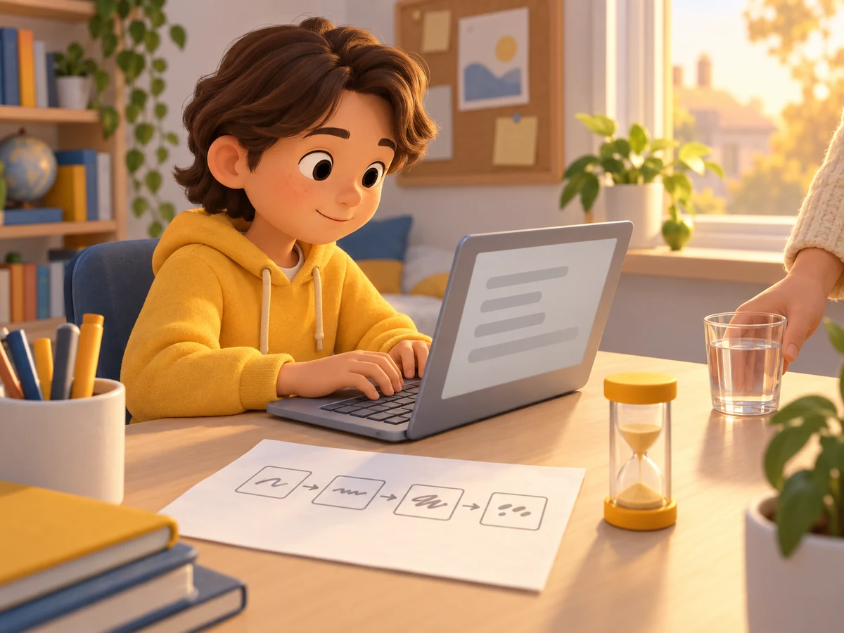 A child types a persuasive piece on a laptop, with a short hand-drawn plan and a sand timer beside it.