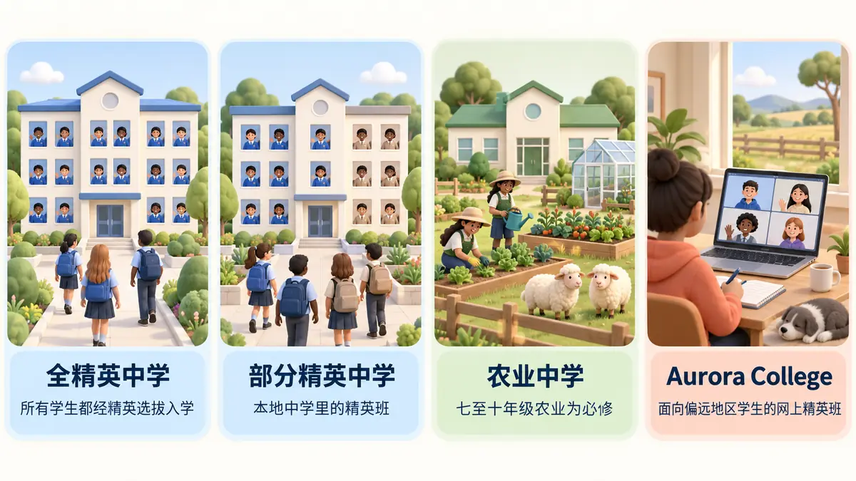 四类学校:全精英中学、部分精英中学(本地中学内设精英班)、农业中学,以及网上授课的Aurora College。