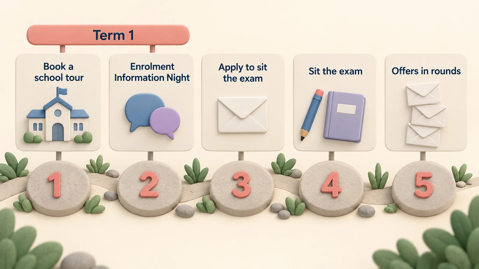 Five steps: book a school tour (Term 1), the information night (Term 1), apply, sit the exam, offers in rounds.