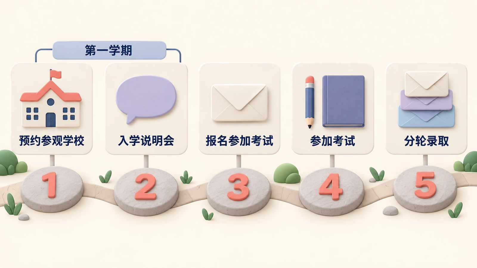 五个步骤:预约参观(第一学期)、入学说明会(第一学期)、报名、参加考试、分轮录取。