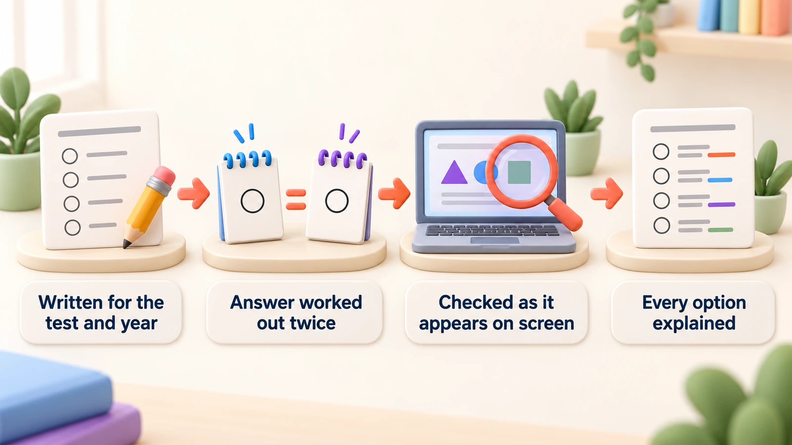 How a question is checked: written for the test and year, answer worked out twice, checked on screen, every option explained.
