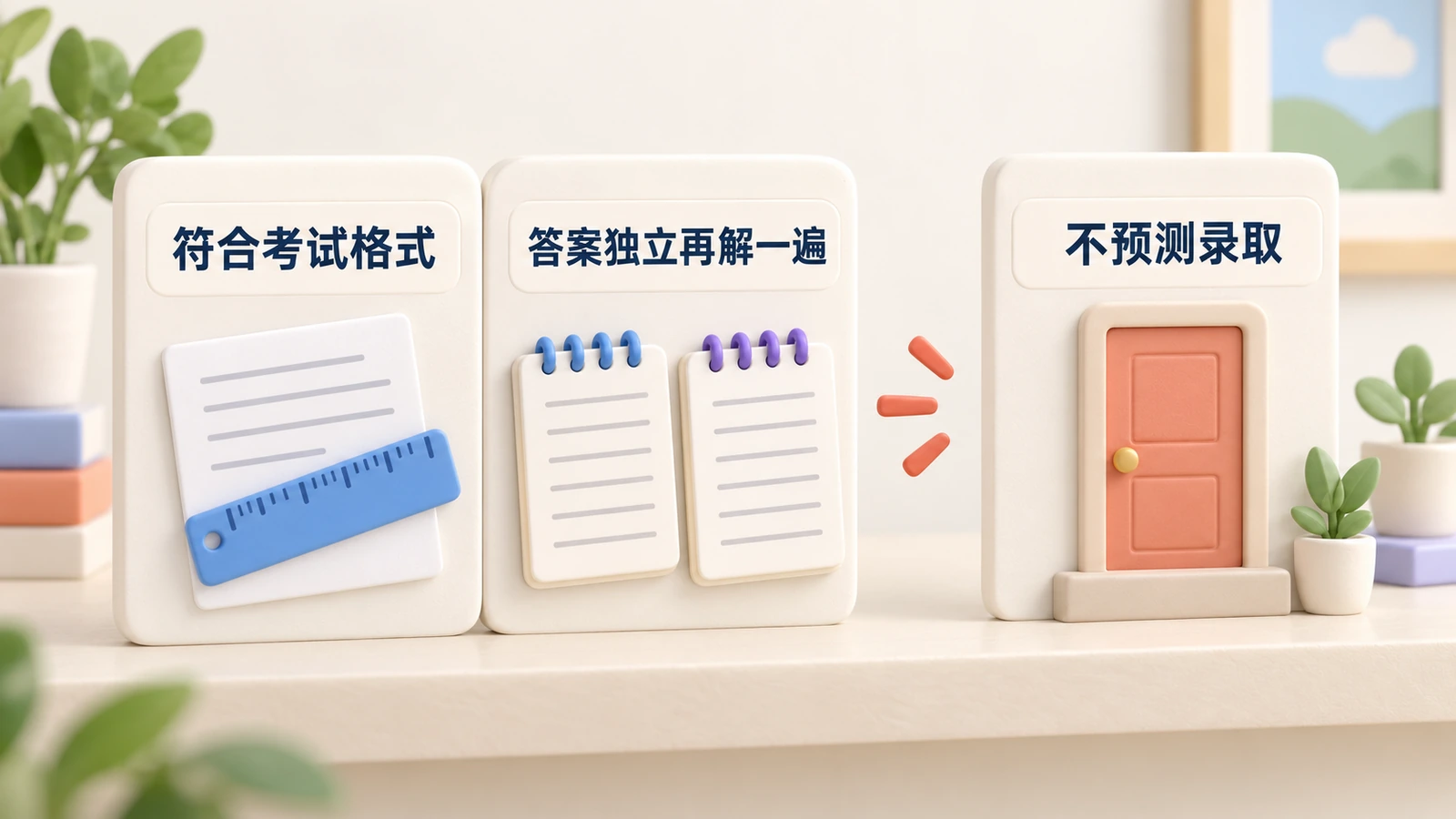 我们的核对能说明两件事：符合考试格式、答案独立再解一遍；另一件事分开放：这不是对录取的预测。