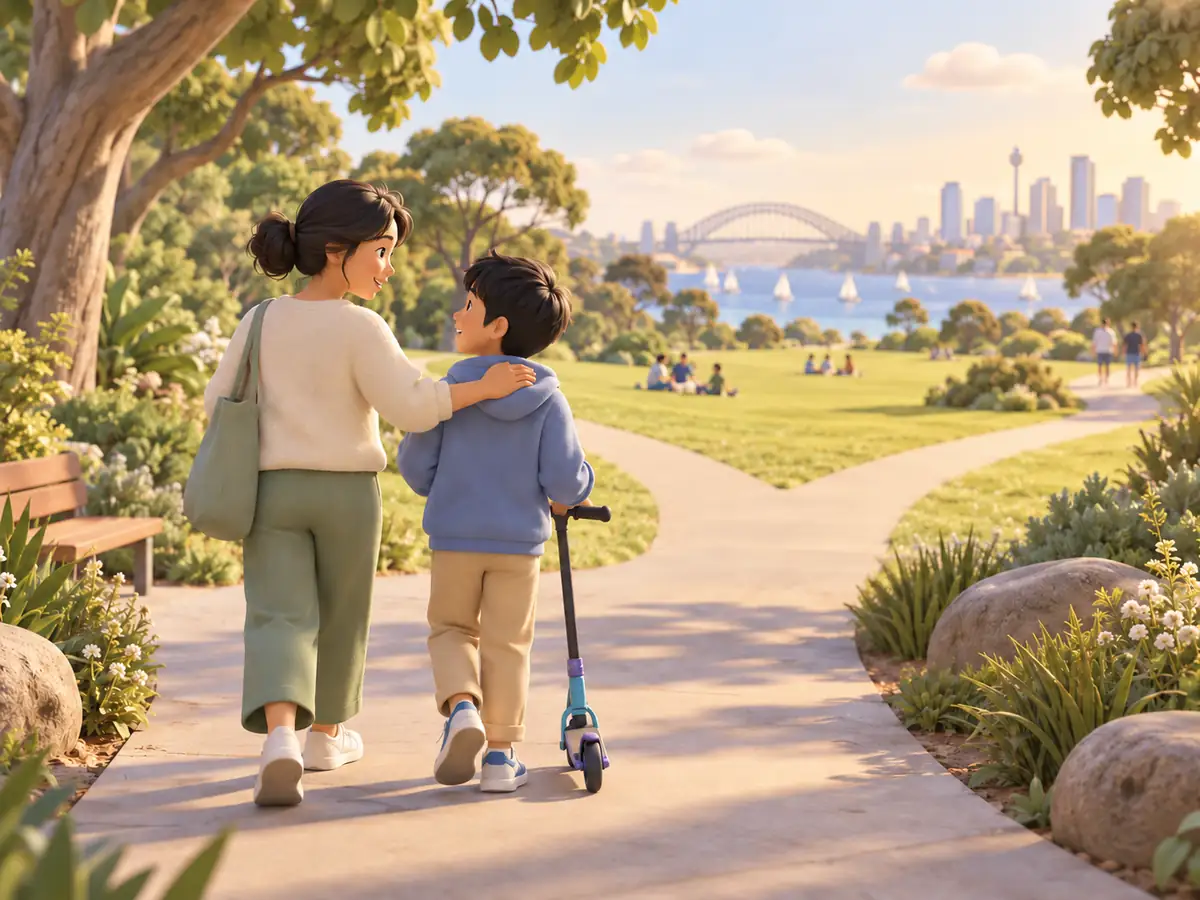 A parent and child walk and talk along a sunny park path in the late afternoon, the path opening ahead.