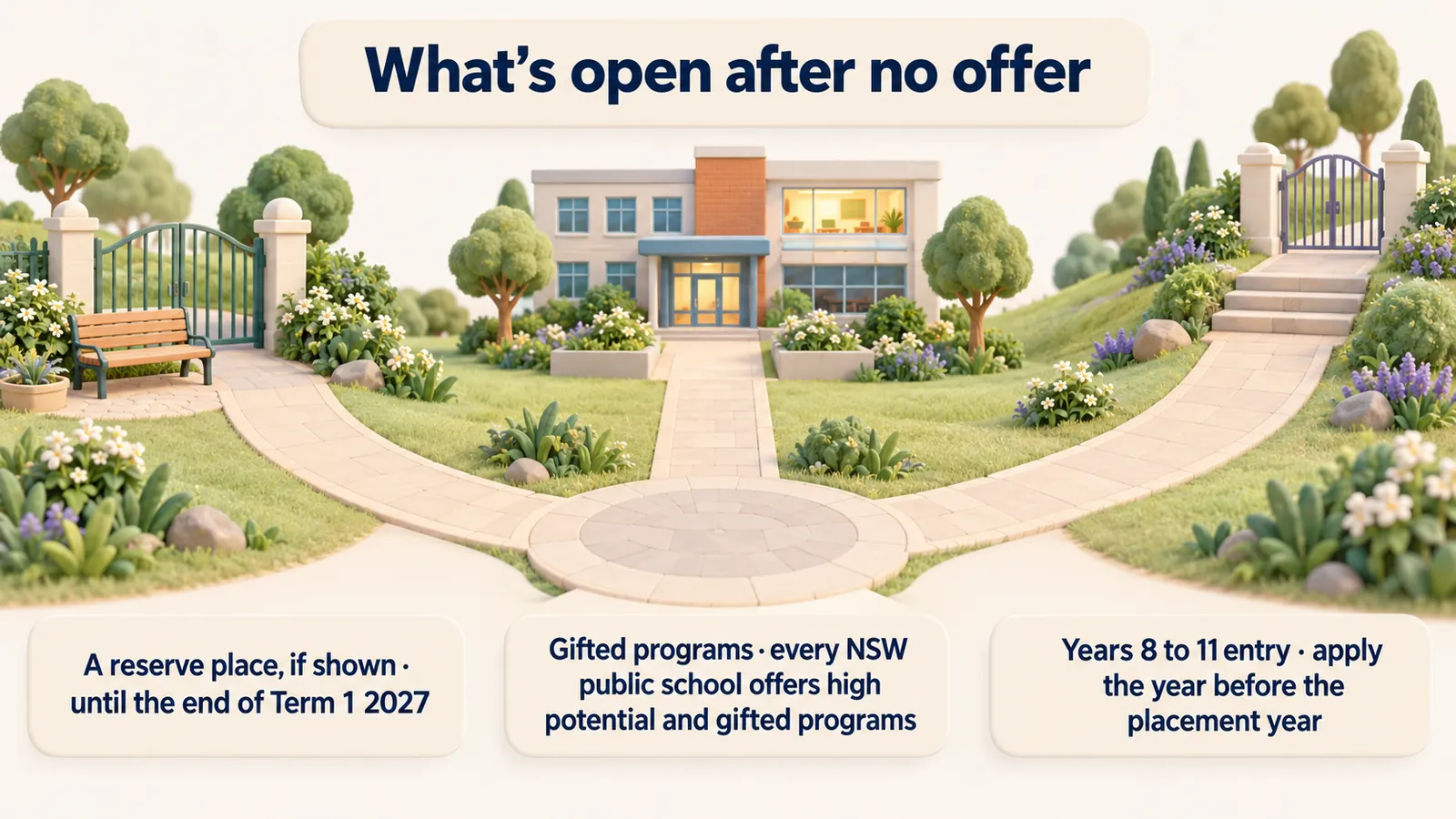 Paths after no offer: a reserve place until the end of Term 1 2027; gifted programs at every NSW public school; Years 8 to 11 entry, applied for the year before.