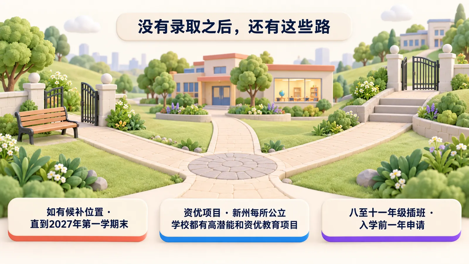 没有录取之后的路:如有候补位置,直到2027年第一学期末;新州每所公立学校的资优项目;八至十一年级插班,入学前一年申请。