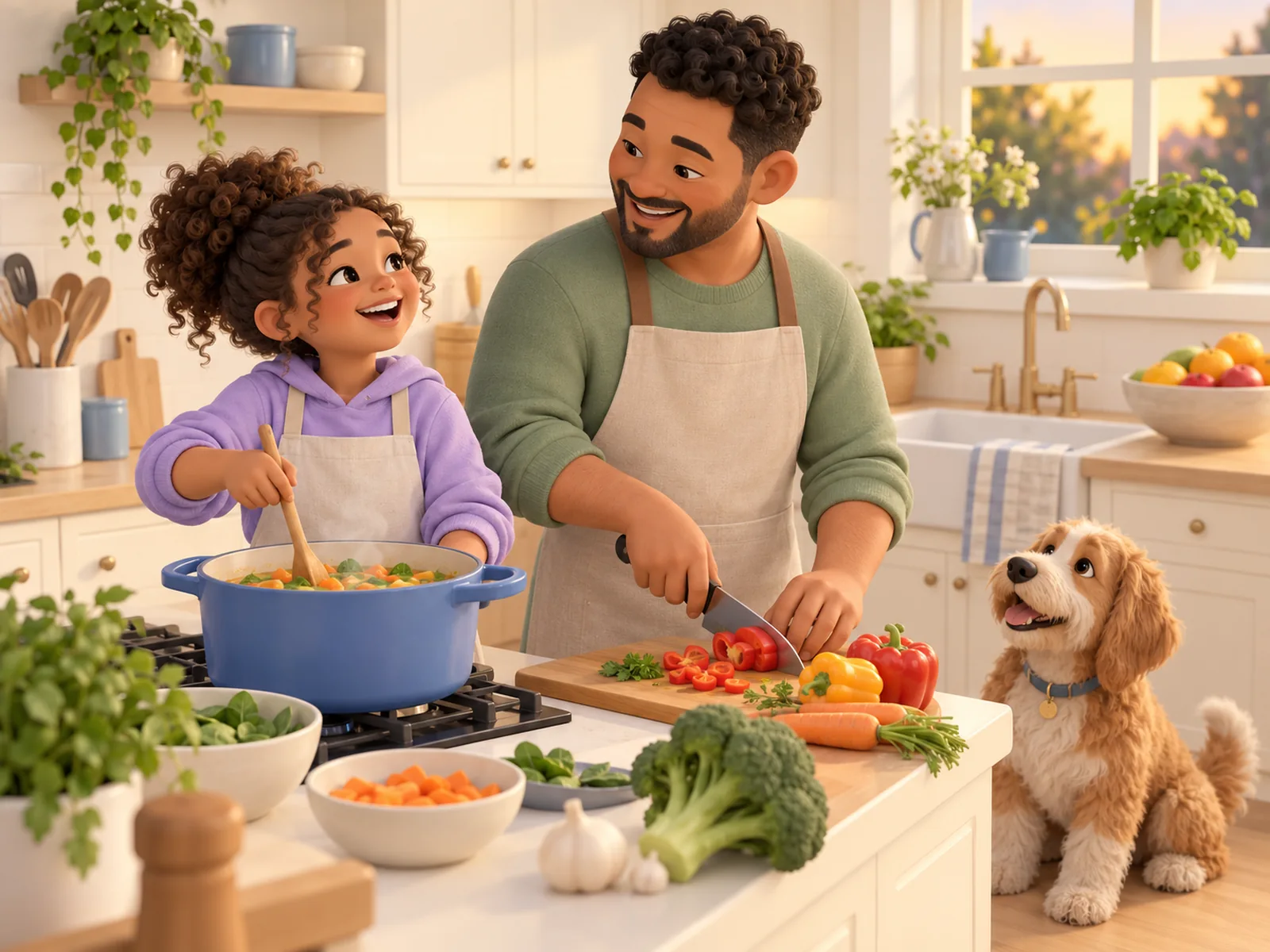 A parent and child cook dinner together and laugh in a warm kitchen, with the family dog at their feet.