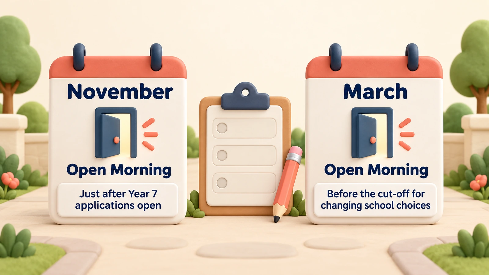 Two Open Mornings: November, just after Year 7 applications open, and March, before the cut-off for changing school choices.