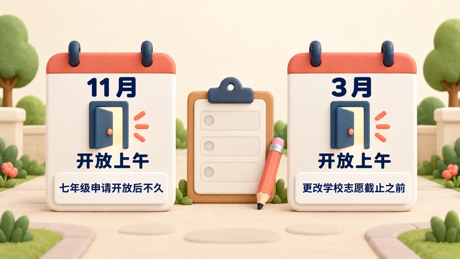 两场开放上午:11月在七年级申请开放后不久,3月在更改学校志愿截止之前。